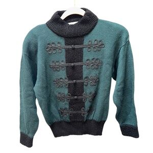 Nils SKI vintage 80s teal black Norwegian style faux frog enclosures sweater M